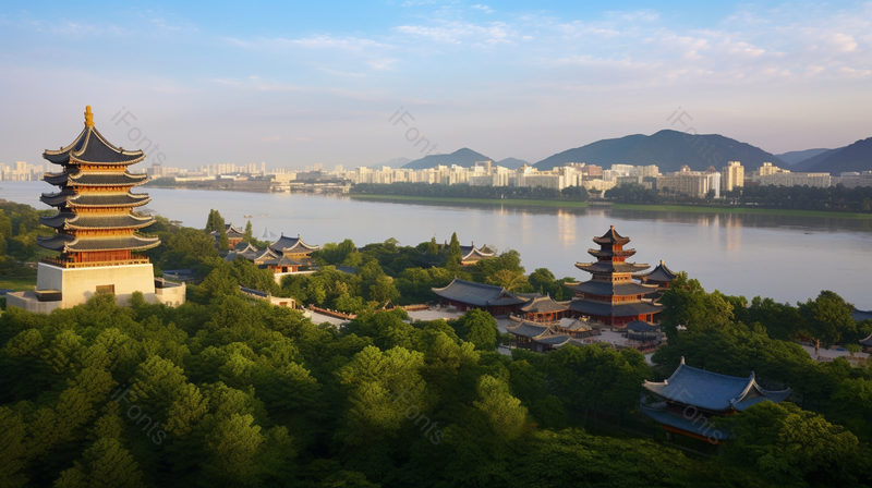 宽阔的江面把现代城市建筑和古代楼阁建筑分隔,高清,摄影图,摄影图片,图片大全,摄影图免费下载